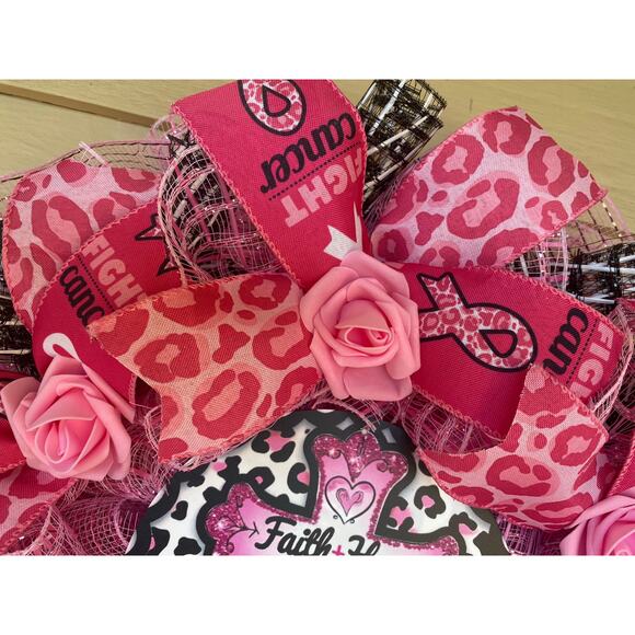 Handmade Breast Cancer Awareness Wreath - Faith Hope Cure - Pink Ribbon Decor - Picture 3 of 10